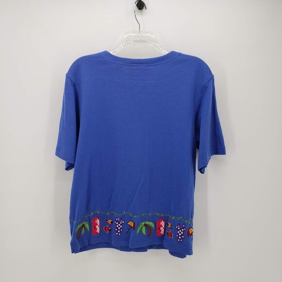 BECHAMEL Vacation Themed Embroidered Blue Cotton Button Down Top M - Picture 6 of 9